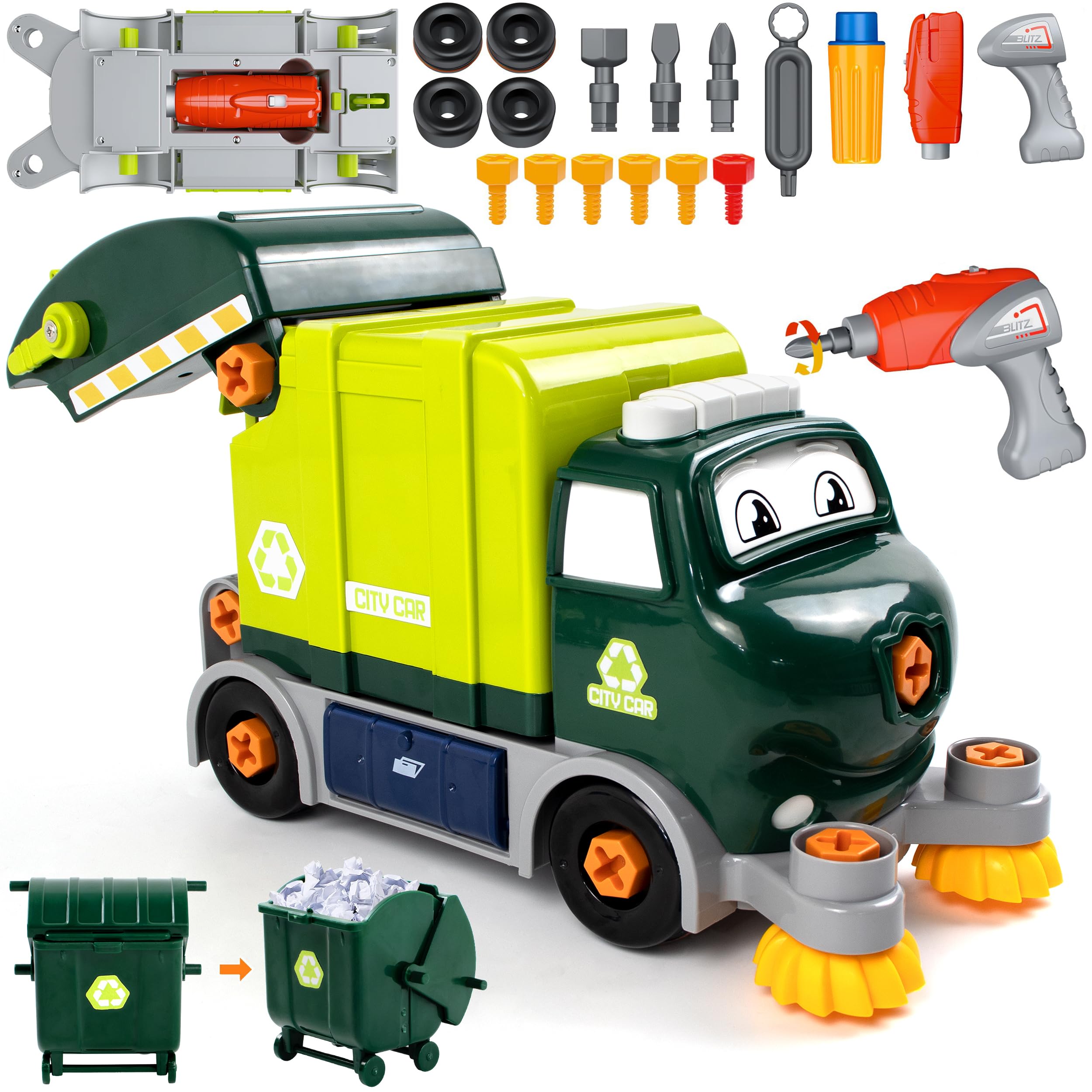Brixlytoys Trucks Take Apart Toys with Electric Drill, DIY Electric City Clean Truck Toy Set, Disassembly Garbage Truck Toys, Birthday Gifts for 3 4 5 6 7 8 Years Old Boys Girls