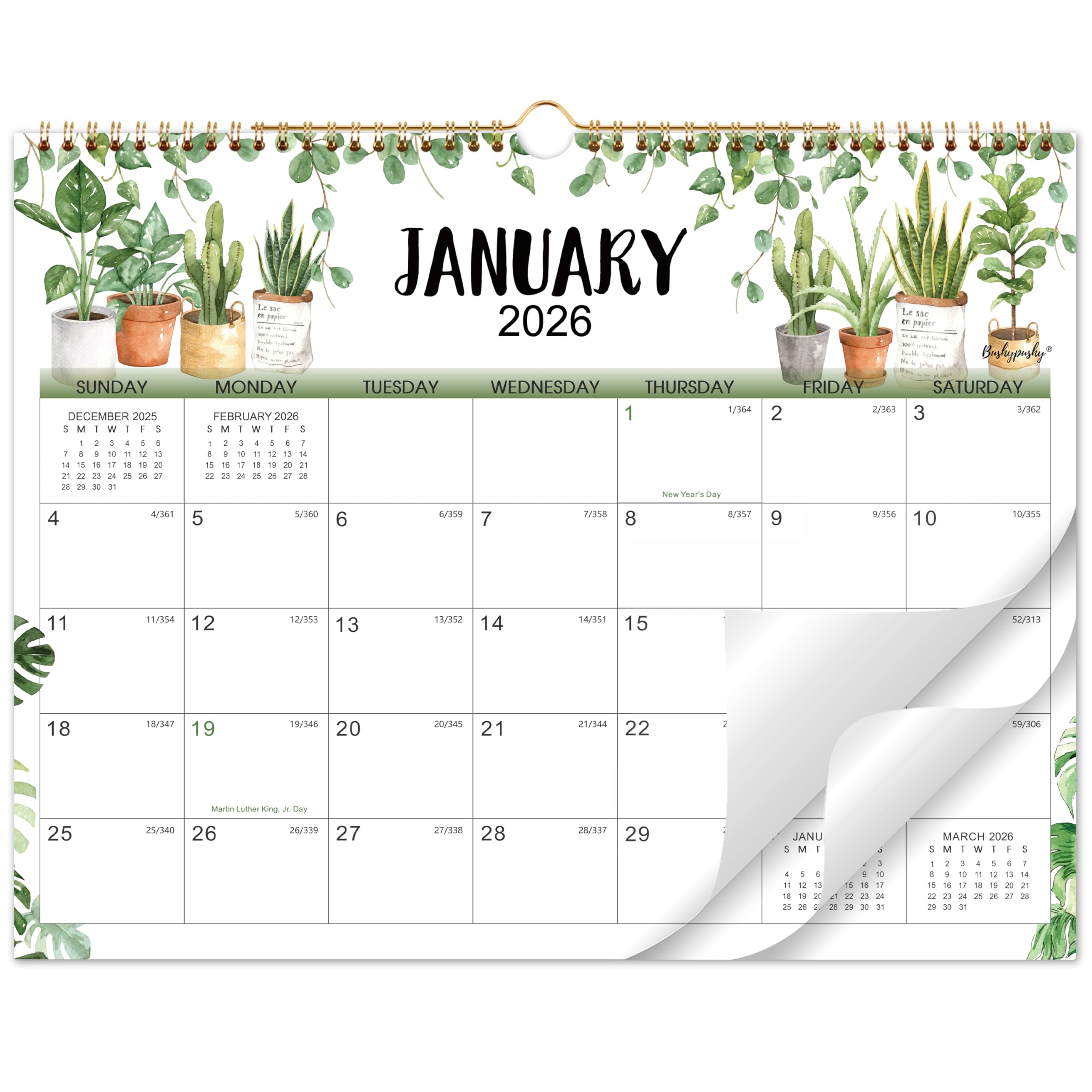 Photo 1 of 2026 Calendar - 2026 Wall Calendar, Jan. 2026 - Dec. 2026, 12-Month Calendar, 15" x 11.5", Twin-Wire Binding + Hanging Hook + Thick Paper + Unruled Blocks with Julian Dates - Plants