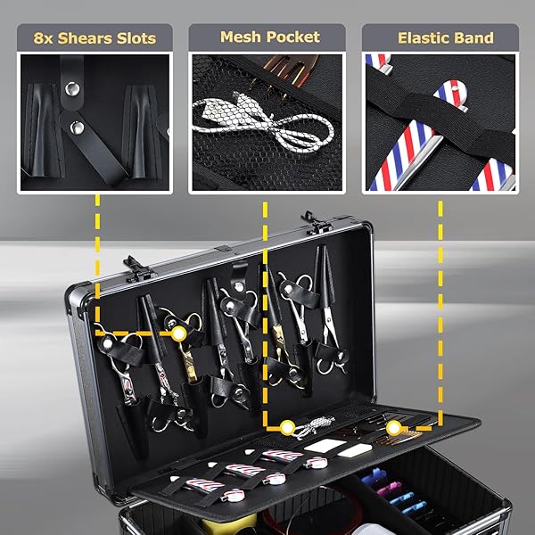 YUEIEOUN PROFESSIONAL BARBER CASE – PORTABLE BARBER TOOL CASE HAIR CLIPPER ORGANIZER WITH COMBO LOCKS, DETACHABLE TRAYS FOR CLIPPERS, SHEARS, RAZORS, TRIMMERS – SECURE STORAGE FOR BARBERSHOP OR TRAVEL