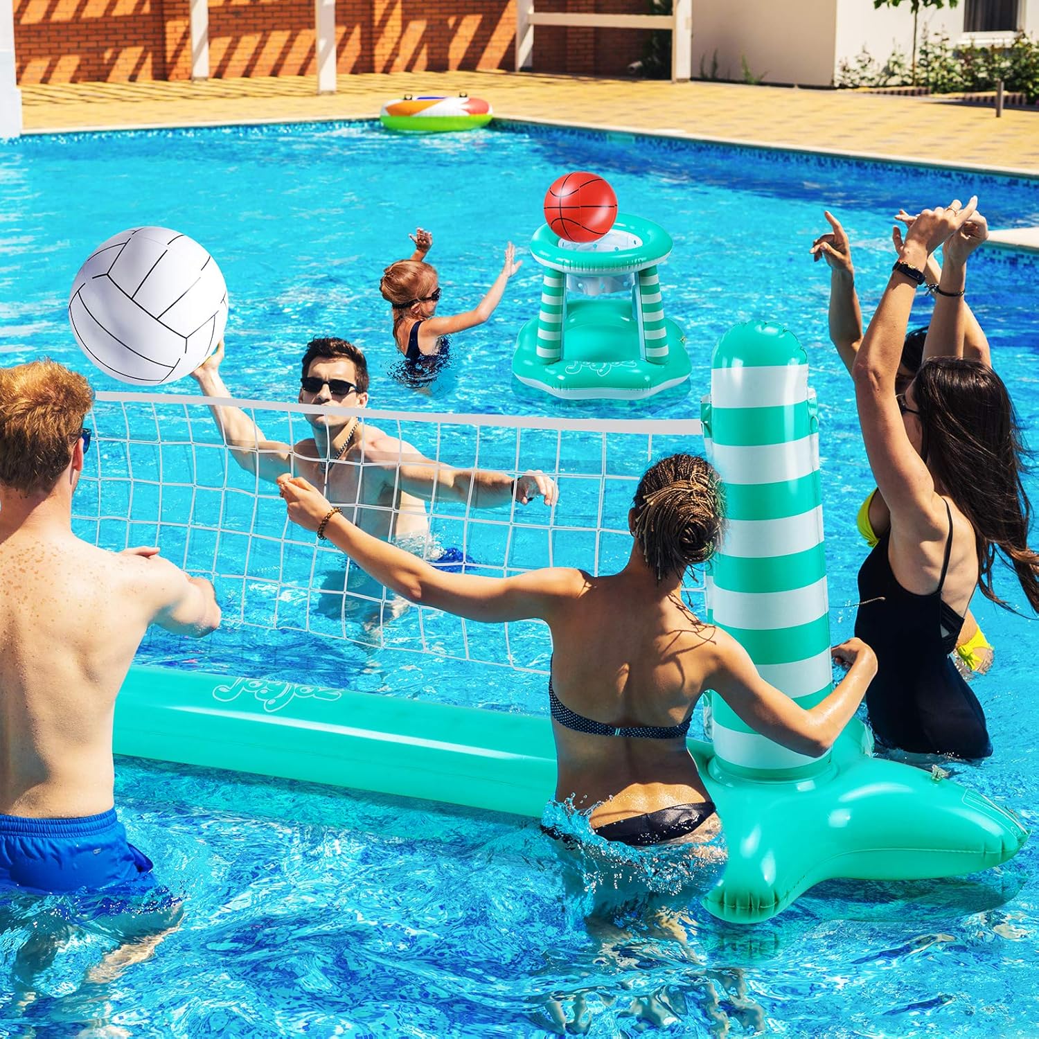 Joyjoz Inflatable Pool Float Set, Pool Volleyball Set Include Volleyball Rack, Volleyball, Basketball Hoop and Ball, Floating Swimming Pool Toy Pool Games Pool Accessories for Kids and Adults: Sports & Outdoors