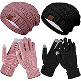 Jeere 4 Pcs Winter Hat and Gloves for Women Fleece Lined Knit Beanie Touchscreen Gloves Warm Skull Hat Set for Cold Weather(Pink, Black)