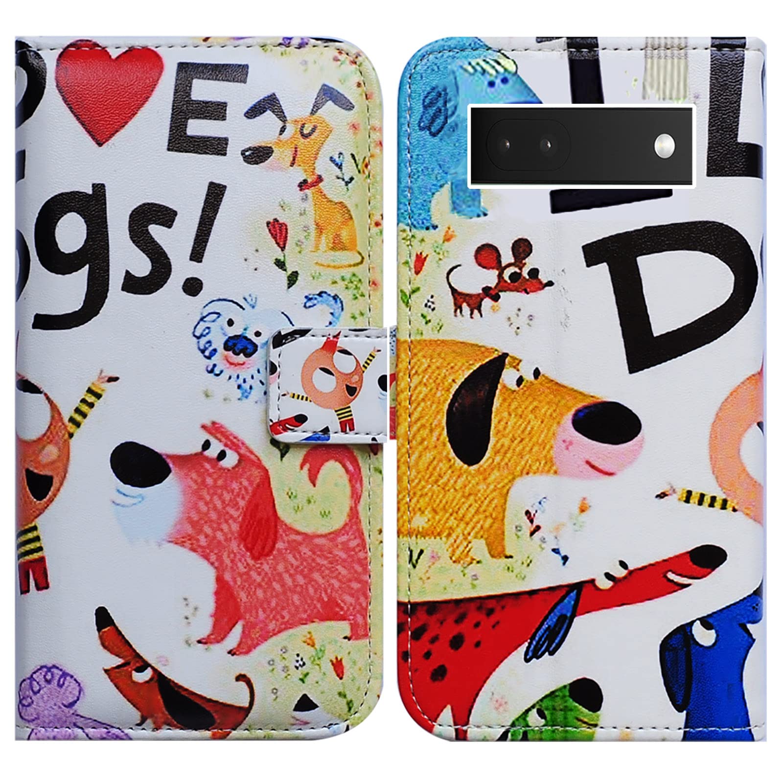 Bcov Pixel 6a Case, Colorful Cute Dogs Leather Flip Phone Case Wallet Cover with Card Slot Holder Kickstand For Google Pixel 6a