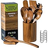 12 PCS Acacia Wooden Spoons for Cooking - Heat-Resistant, Comfort Grip,Easy to Clean, Non-stick Friendly - Kitchen Utensil Set with Holder, Spoon Rest & 6 Hooks, Ideal for Gifting