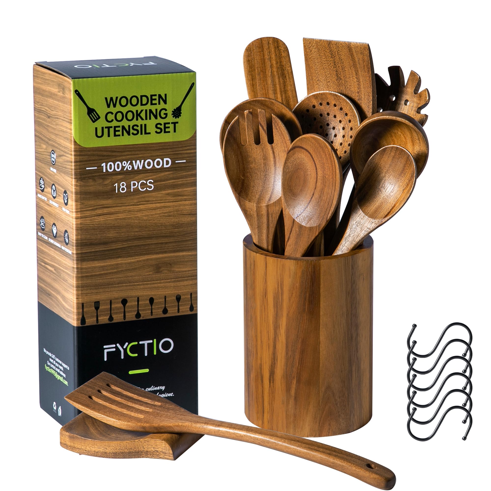 Photo 1 of 12 PCS Acacia Wooden Spoons for Cooking - Heat-Resistant, Comfort Grip,Easy to Clean, Non-stick Friendly - Kitchen Utensil Set with Holder, Spoon Rest & 6 Hooks, Ideal for Gifting