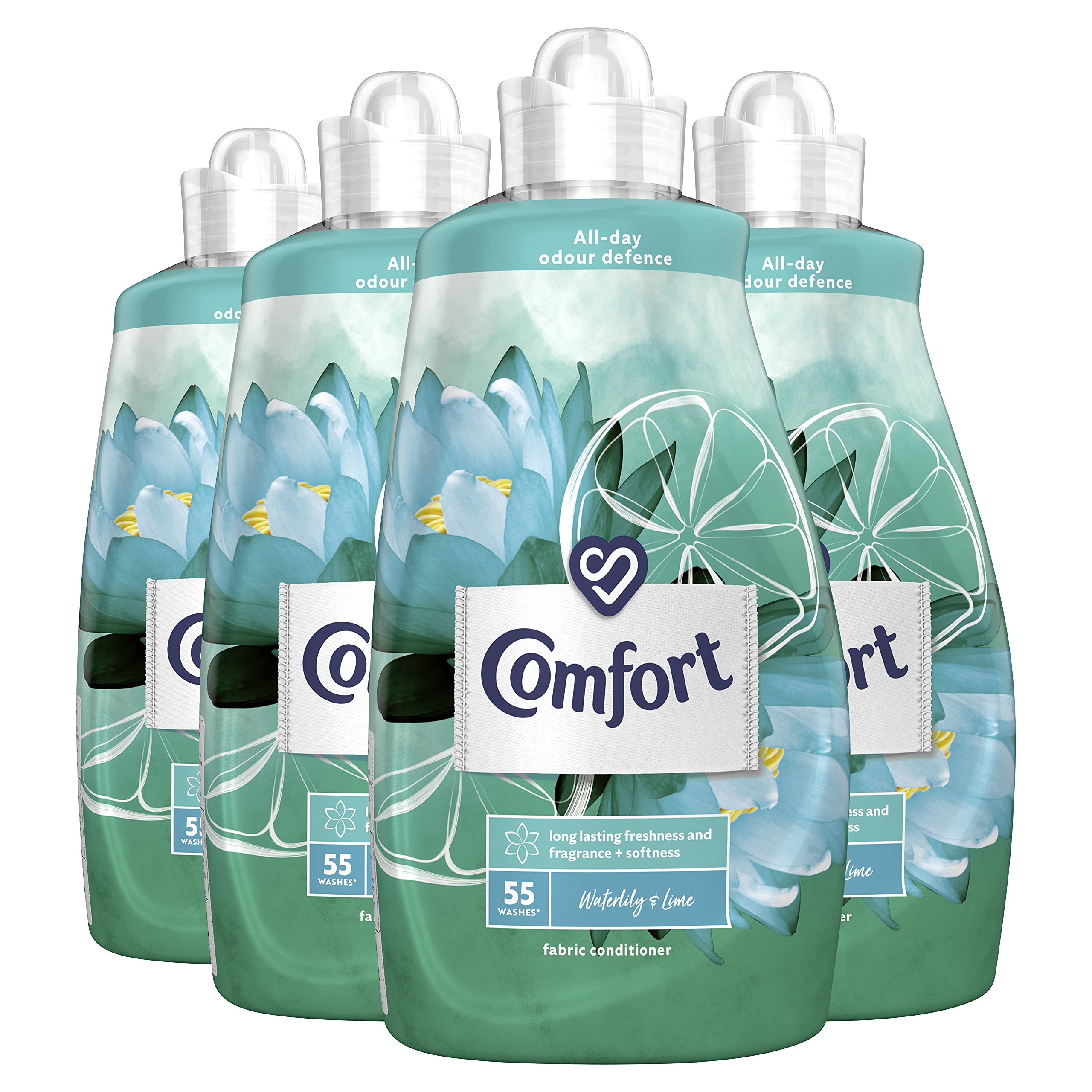 Comfort Waterlily & Lime Fabric Conditioner pack of 4 all-day odour defence for your clothes for long-lasting freshness and fragrance + softness 55 Wash 1.925 l (220 washes in total)