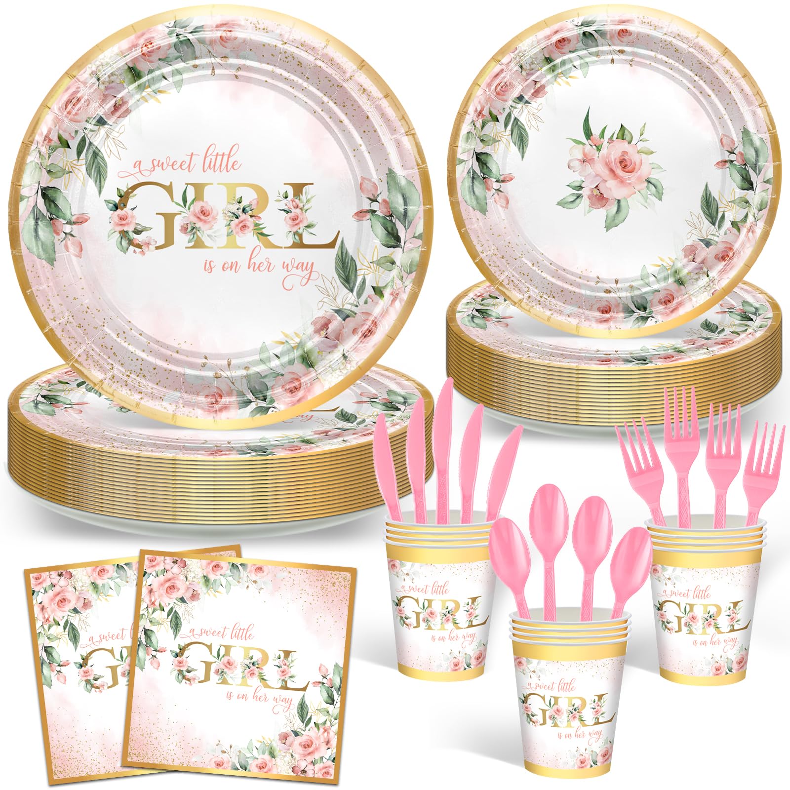 Photo 1 of Avezano Baby Shower Plates and Cups and Napkins Sets for Girls 168 pcs Pink Floral Disposable Tableware Girl Baby Shower Decorations Sweet Theme Serves 24 Guests