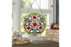 YOURANJU Tiffany Style Handmade 12" Rose Stained Glass Window Hanging Panel, Multicolor with Red, Round, Indoor, Floral, Fade Resistant, Waterproof, Gift Giving, Celebrations