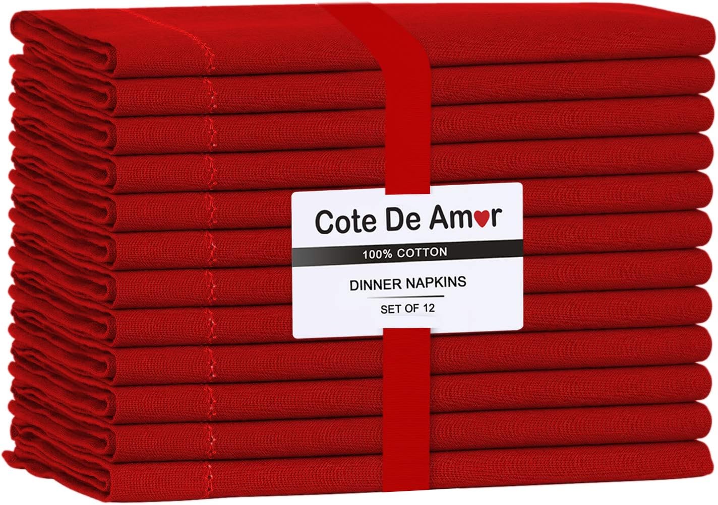 Cote De Amor Set of 12 Cloth Dinner Napkins Hemstitch 100% Cotton 18x18 Soft Absorbent Restaurant Hotel Quality, Cocktail Napkins, Wedding Dinner Napkins, Washable Cloth Napkins Red