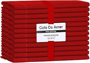Cote De Amor Set of 12 Cloth Dinner Napkins Hemstitch 100% Cotton 18x18 Soft Absorbent Restaurant Hotel Quality, Cocktail Napkins, Wedding Dinner Napkins, Washable Cloth Napkins Red