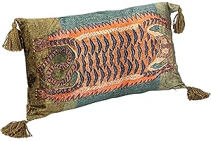 Creative Co-Op Cotton Velvet Tiger Lumbar Pillow with Tassels, Multicolor