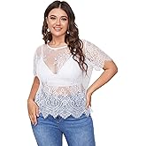 WDIRARA Women's Plus Size Sheer Mesh Lace Top Sexy Scallop Trim Blouse