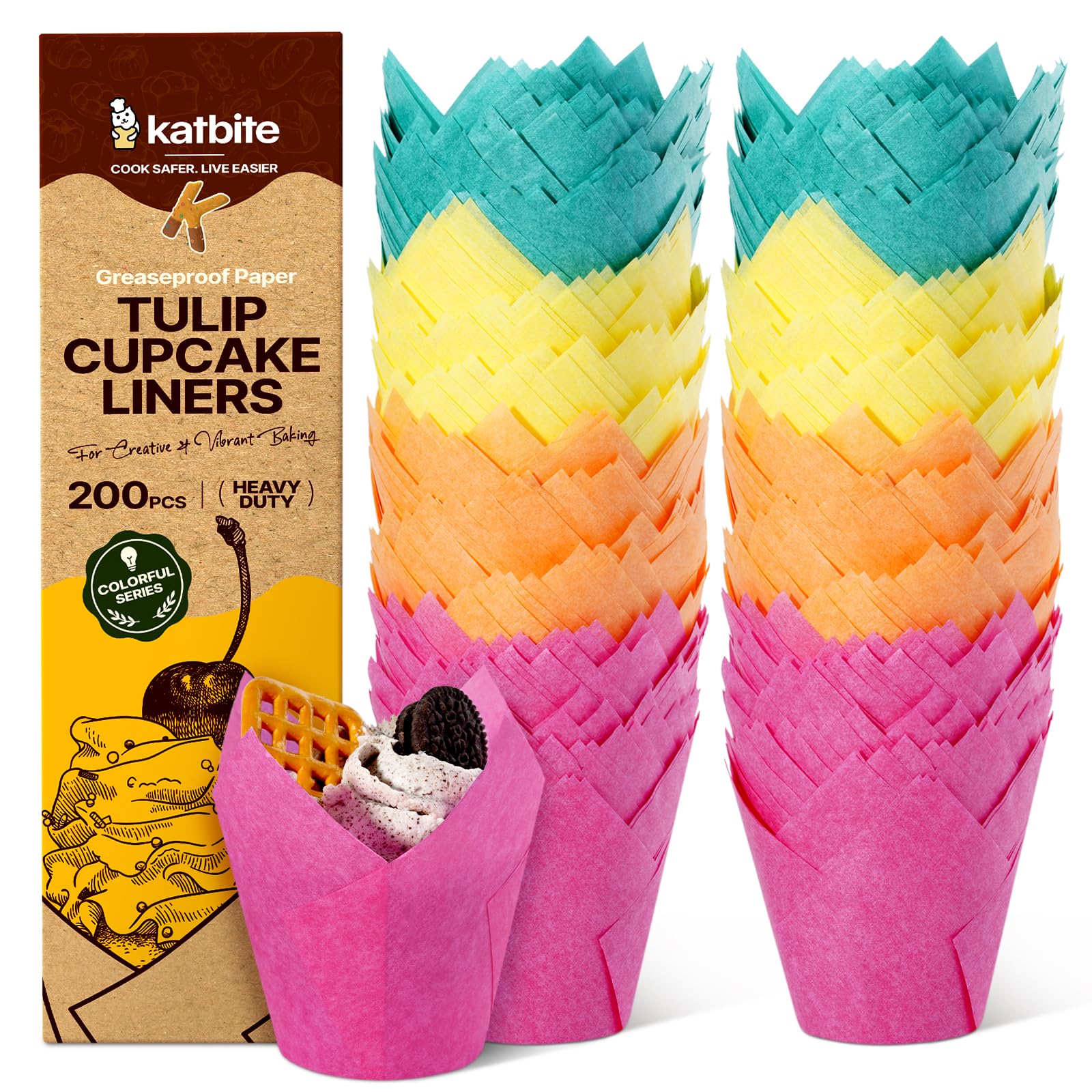 Katbite 200pcs Tulip Cupcake Cases, Standard Muffin Liners, Disposable Baking Cups for Parties, Birthdays, Greaseproof Muffin Cups in Yellow, Orange, Red, Green