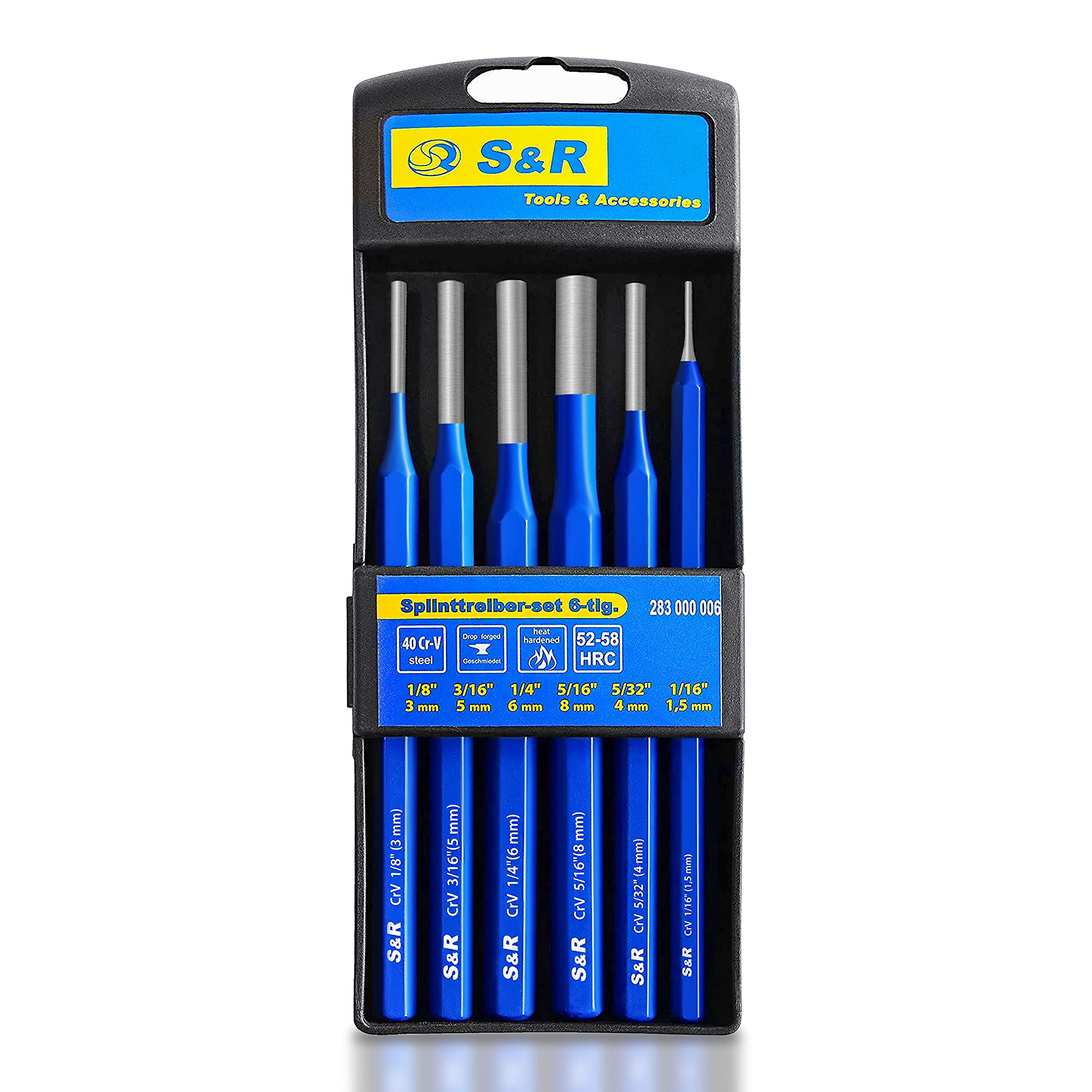 S&R 6-Piece Pin Punch Set – Hardened Chrome Vanadium Steel | Precision Metalworking & Mechanics Tools | DIN 6450 C Certified