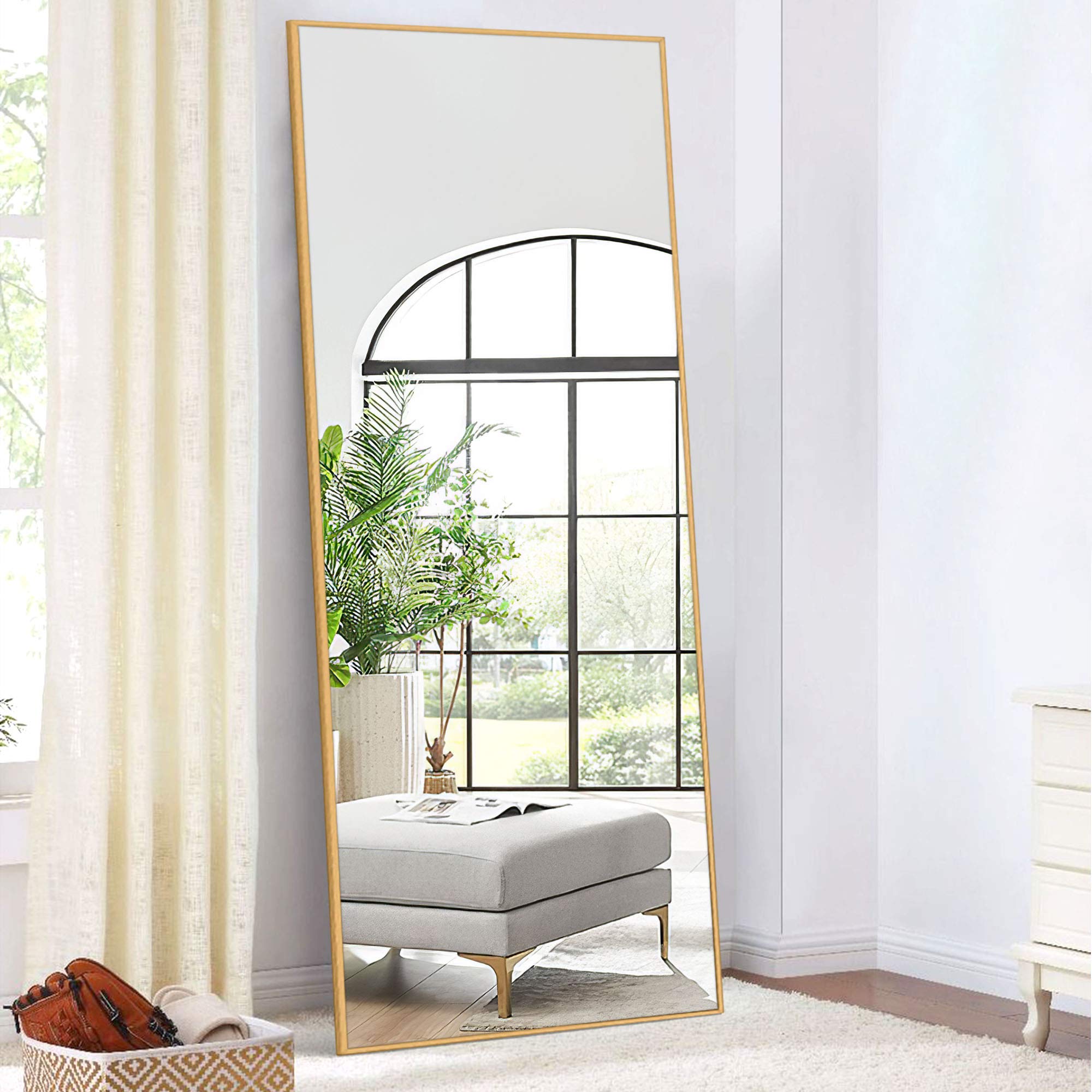 NeuType Full Length Mirror Floor Mirror, Long Mirror Full Body Dressing Mirror, Large Wall Mirror Bathroom Mirror Standing Mirror, Large Mirrors for Bedroom, Metal Frame, Gold 71"x31", No Stand Image