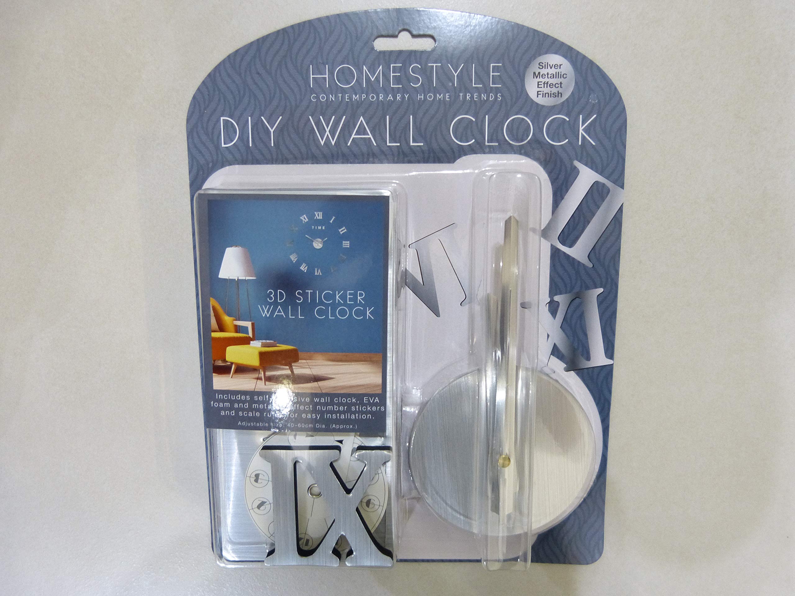 TJM DIY 3D Sticker Wall Clock - Silver Metallic Finish - 40-60cm - Roman Numerals