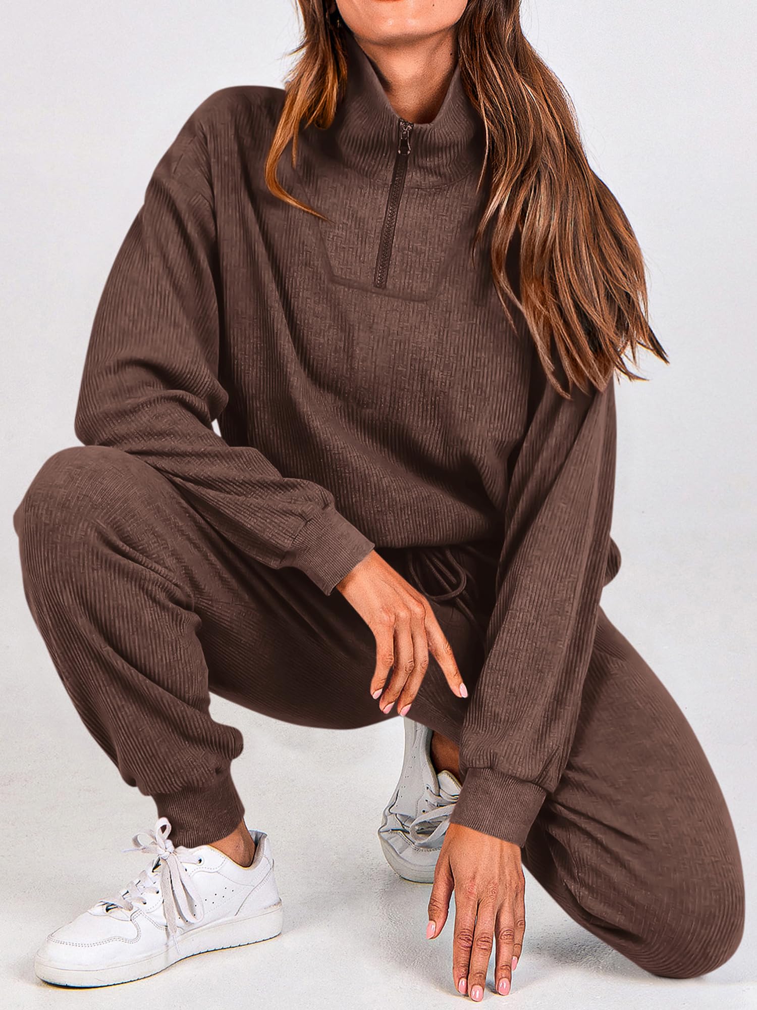 BTFBM Women's 2 Piece Tracksuit Fall Outfits 2025 Long Sleeve Half Zip Sweatshirt Sweatpants Lounge Set Sweatsuits(Solid Coffee,Medium) - Image 4