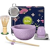 Matcha Whisk Set Matcha Kit - 7 Pcs Japanese Tea Set Includes Matcha Bowl with Spout,Bamboo Whisk with Ceramic Holder,Bamboo Scoop and Rest,Sifter,Tea Towel, for Ceremony Matcha Lovers Gift,Purple