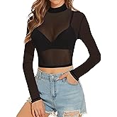 Women's Mesh Tops See Through Shirts Long Sleeve Bodycon Sheer Blouse Clubwear