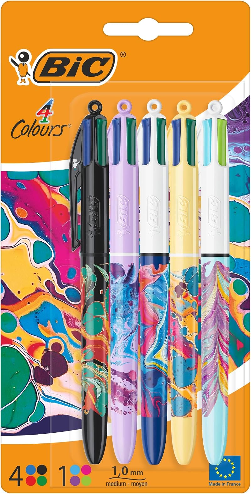 BIC 4 Colours Pens All In One Retractable 1.0mm Green Blue Red Black 5 Pack