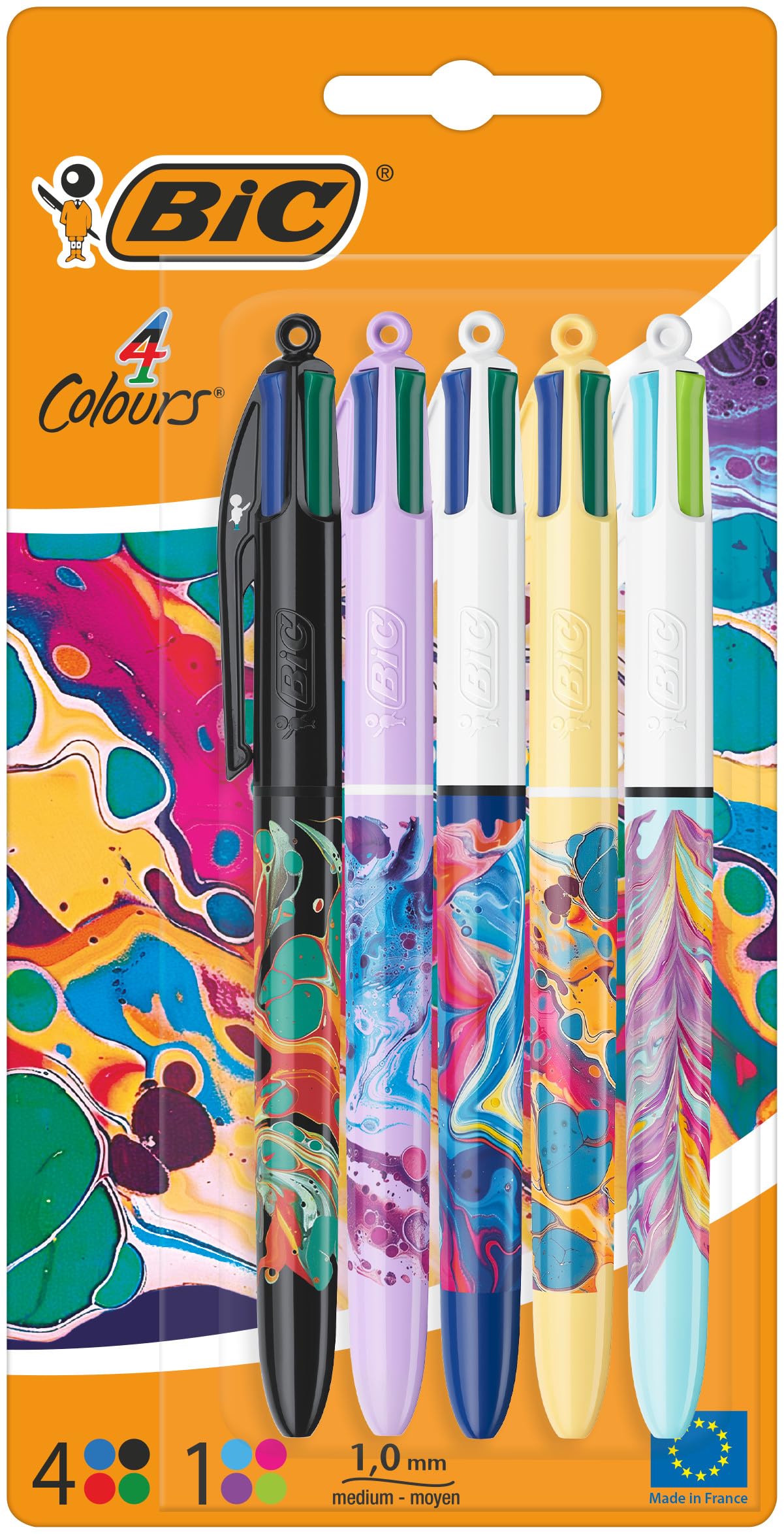 BIC 4 Colours Pens All In One, Multi Coloured Pens All In One, Retractable Ballpoint Pens, Medium 1.0mm, Green, Blue, Red, Black, 5 Pens Per Pack, 1 Pack