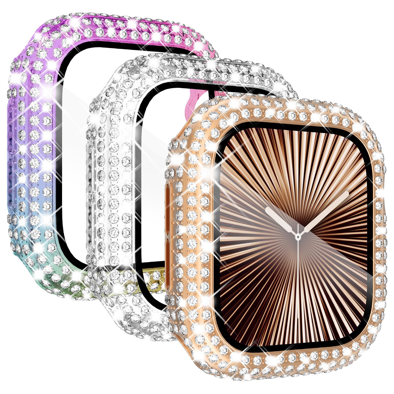KADES 3Pack watch case Compatible with Apple Watch Screen Protector 44mm,Women Crystal Diamond Tempered Glass Protective Case for iWatch SE 3 2 1/Series 6 5 4, Rose Gold/Iridescent/Clear