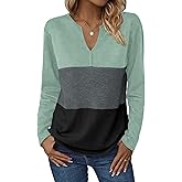 Zeagoo Women's Waffle Shirts V Neck Long Sleeve Tops Color Block T-Shirts Casual Pullover Tunics 2025 Fashion Basic Tees