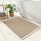 Checkered Bath Mat, Super Absorbent Non Slip Bath Mats for Bathroom Floor 3D Two Tone Woven Bathroom Mat with Tassels Machine Washable Bathroom Rugs Beside Tub, 17" x 24", Brown & Cream