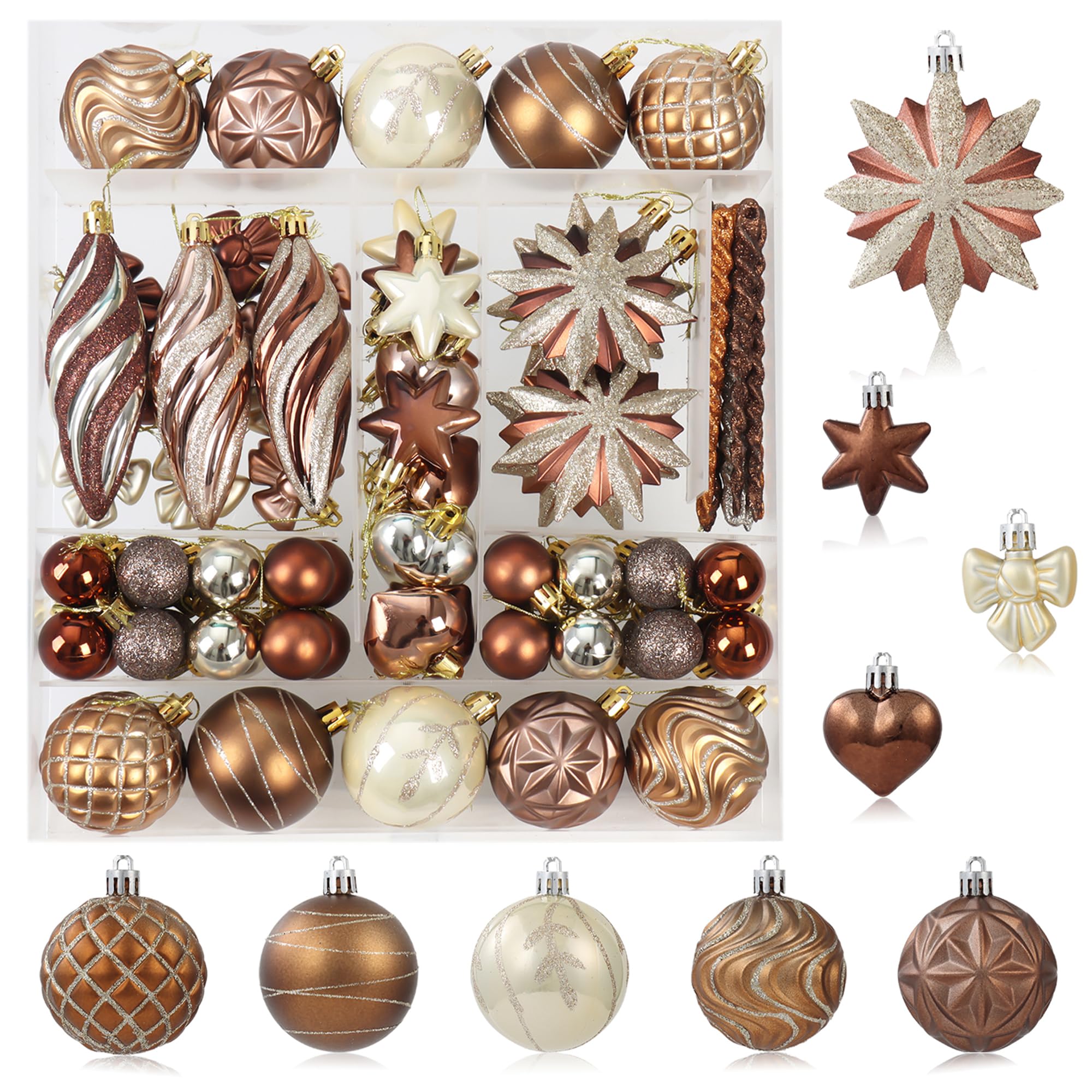 Photo 1 of *USED MISSING PIECES*82Pcs Brown and Gold Christmas Ornaments Set, Shatterproof Medium Christmas Ball Ornaments, Christmas Decorations Hanging Ornaments for Xmas Trees, Holiday, Party Decor (Brown & Gold)