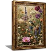 Vintage Floral Bird Wall Art Framed Canvas Print with Gold Ornate Vintage Carved Frame, Good for Living Room Bedroom Farmhouse Spring Décor, Ideal Housewarming Birthday Festival Present,9x11 Inch