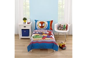 NoJo Marvel Spidey and His Amazing Friends Blue, Red, Yellow, and Green, Team Up 4 Piece Toddler Bed Set - Comforter, Fitted Bottom Sheet, Flat Top Sheet, and Reversible Pillowcase