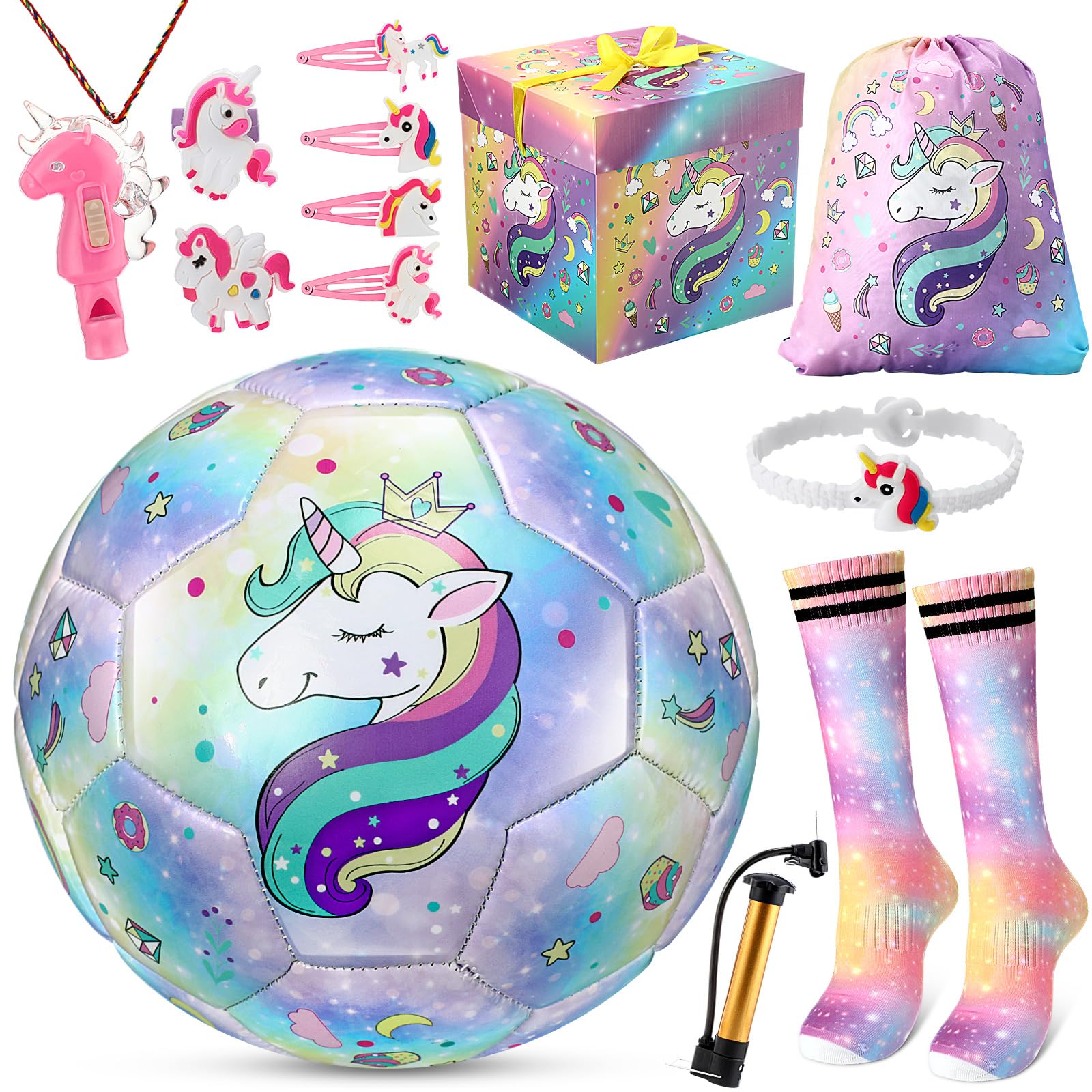 Photo 1 of 13 Pcs Unicorn Soccer Ball Gift Set Includes Size 3 Unicorn Cartoon Soccer with Pump Drawstring Bag Socks Whistle Bracelet Rings Hair Clips for Sport Birthday Party Favors