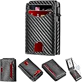 Wallet for Men, Pop Up Bank Credit Card Holder Case, RFID Blocking, Compact, Smart, Slim, Minimalist, Thin, 11 Cards Capacitiy | ID Window | Aluminum Metal | Carbon Fiber Pattern | Women (Black)