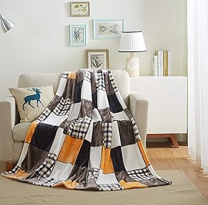 Tache Orange Fall Farmhouse Super Soft Lightweight Warm Patchwork Plaid Fleece Throw Bed Blanket, 90x90 Queen Size