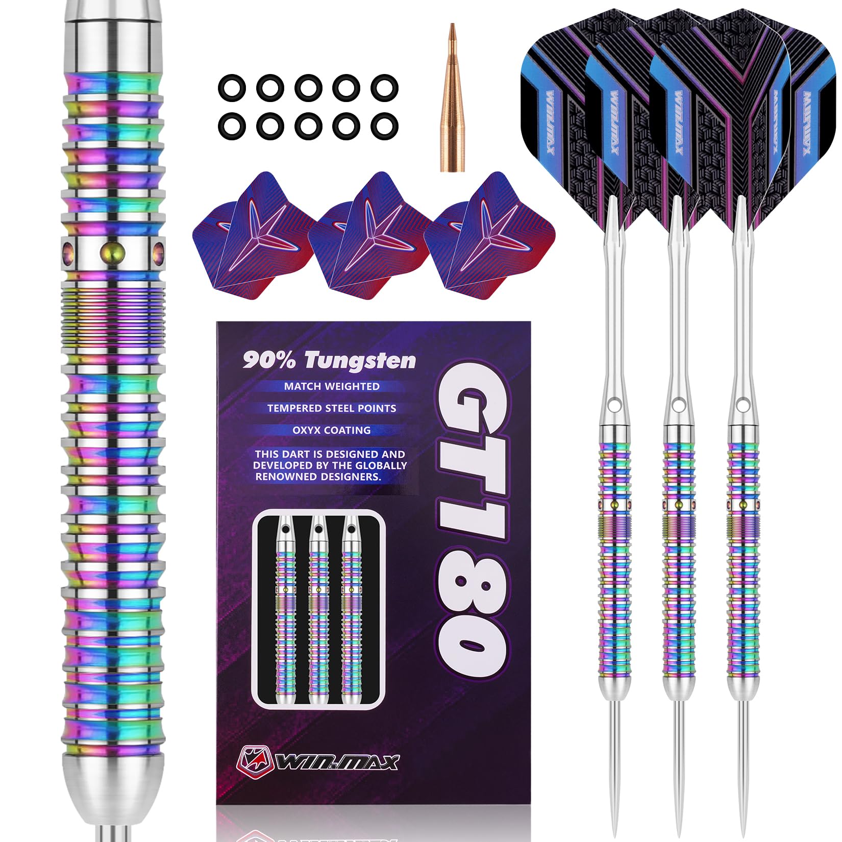 WIN.MAX Dartpfeile mit Metallspitze 90% Tungsten 3 Stück 90% Wolfram Stahl Darts 24 Gramm Dart professionelle Stahlpfeile mit Metallspitzen