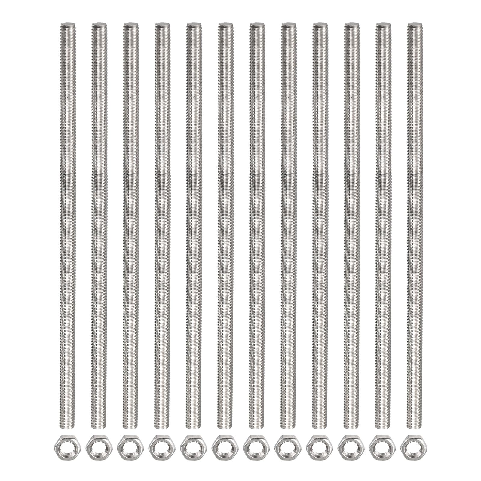 Rebower Fully Threaded Rod (with 12 Pcs Hex Nuts),Stainless Steel Fully Threads Studs[for Assembly Fastening] - M3 x 400mm,0.5mm Pitch/ Silver/ 12 Pcs