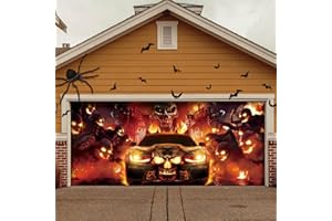 YUSPENYE Halloween Garage Door Decorations with Skull & Fire Vehicle Design, Durable Halloween Garage Door Banner for Double Garage Doors 7x16 ft, Outdoor Party Backdrop