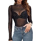 Buauty Sparkle Sheer Mesh Lace Top for Women See Through Layering Shirts Long Sleeve Mock Neck T Shirts 2025 Fashion
