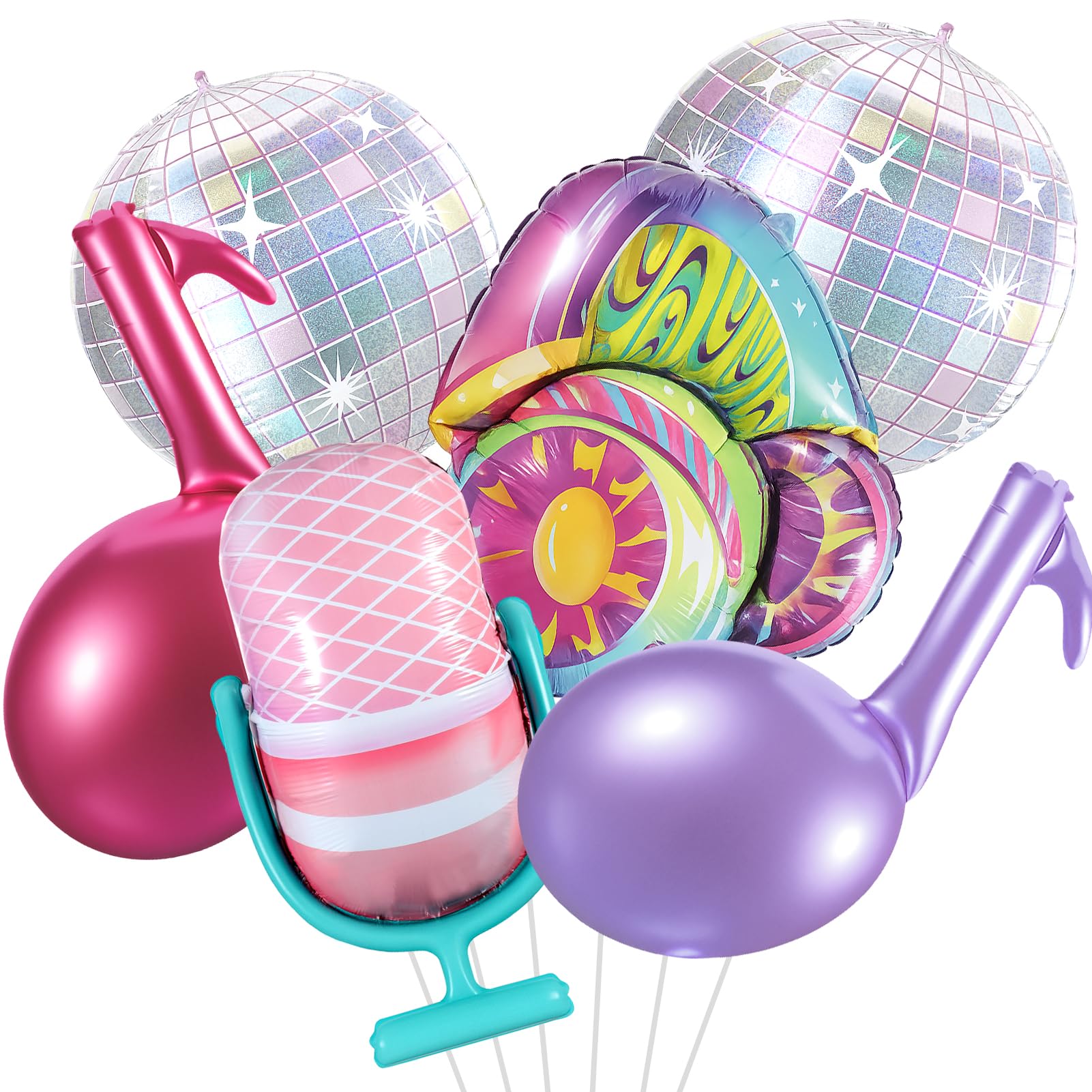 6 Pcs Pink Purple Music Note Balloons, Huge Iridescent Disco Ball Aluminum Foil Balloons for Birthday, Bachelorette Party, Popular Singer Fans Concert Party Decorations Supplies