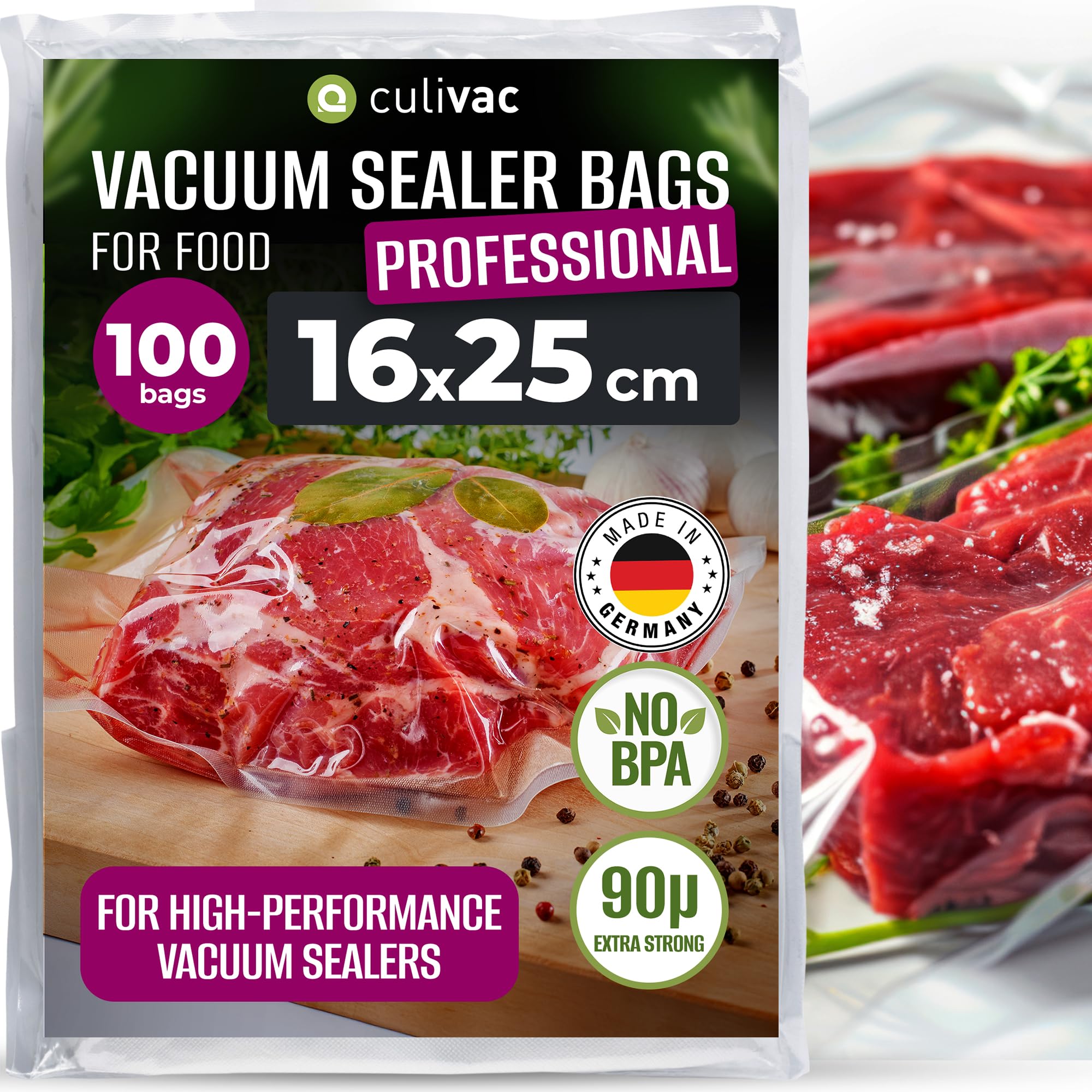 culivac Vacuum Sealer Bags Professional – Sous Vide Bags – Vacuum Bags Food – BPA-Free Embossed Food Vacuum Bags – Vacuum Seal Bags – Pre-Cut – 100 Pack – 16x25cm