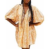 Womens Summer Dresses Casual Boho Floral Babydoll Balloon Sleeve Half Open Tether Flowy Short Beach Dress