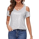Womens Sparkly Sequin Top V Neck Cold Shoulder Glitter Short Sleeve Dressy Party Blouse Shirts