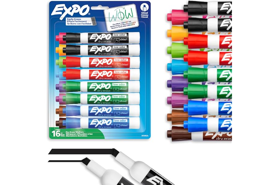 Expo Dry Erase Markers, Whiteboard Markers with Low Odour Ink, Chisel Tip, Assorted Colours, 16 Count
