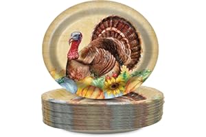 EggSun Thanksgiving Oval Paper Plates 10" x 12",Large Disposable Fall Party Decorations Paper Vintage Autumn Turkey Plates for Birthday Holiday Favor Bridal Baby Shower Party Supplies,50 Guests