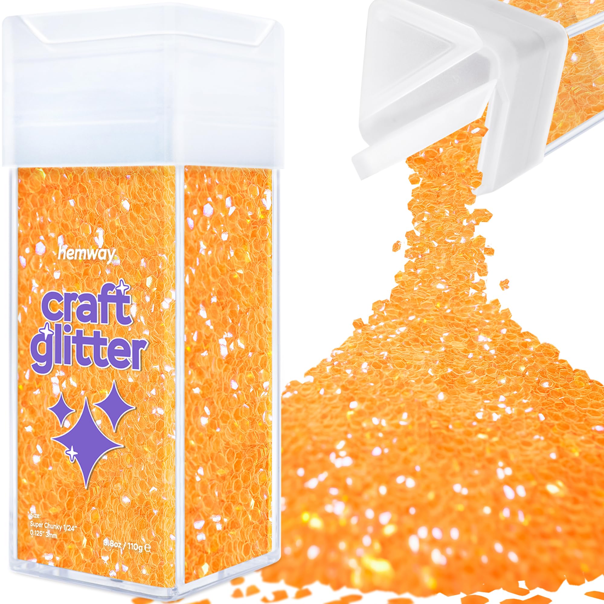 Hemway Glitter Shaker Fluorescent Orange 110g Super Chunky, Craft Glitter Shaker for Resin & Epoxy Crafts, Christmas Art Supplies, Nail, Body, Face, Eye, Festival, Crafting, Slime, Sparkle