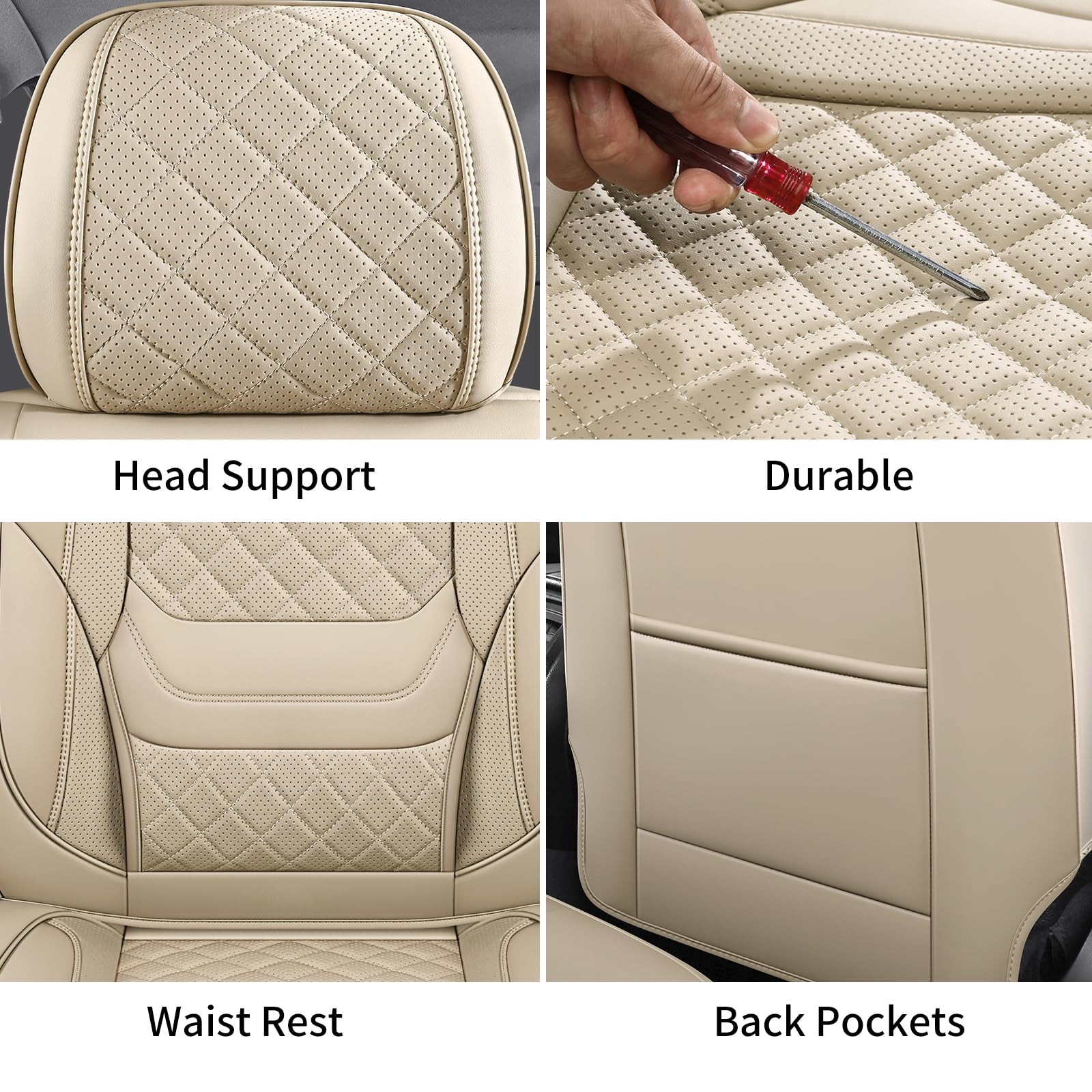 Chezope Automotive Car Seat Covers Front Pair Set Universal Fit for Most Cars SUV Sedans Trucks Waterproof Leatherette Car Seat Covers Accessories (Beige, Front Pair Beige)
