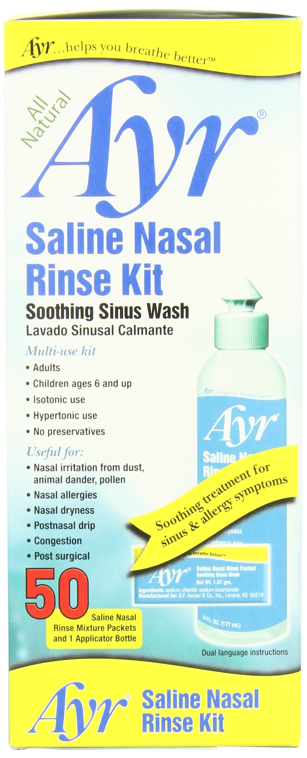 AYR Saline Nasal Rinse Kit Soothing Sinus Wash, 50-Count Saline Nasal Rinse Mixture Packets Plus Applicator Bottle (Pack of 2)
