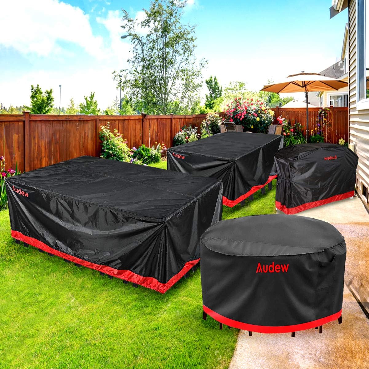 Audew Patio Furniture Covers 420D Upgrade Version Patio Table Cover Oxford Polyester Outdoor Furniture Covers Waterproof Fits for 6-8 Seats Blcak-Red 90.5''x64.5''x28.5'': Furniture & Decor