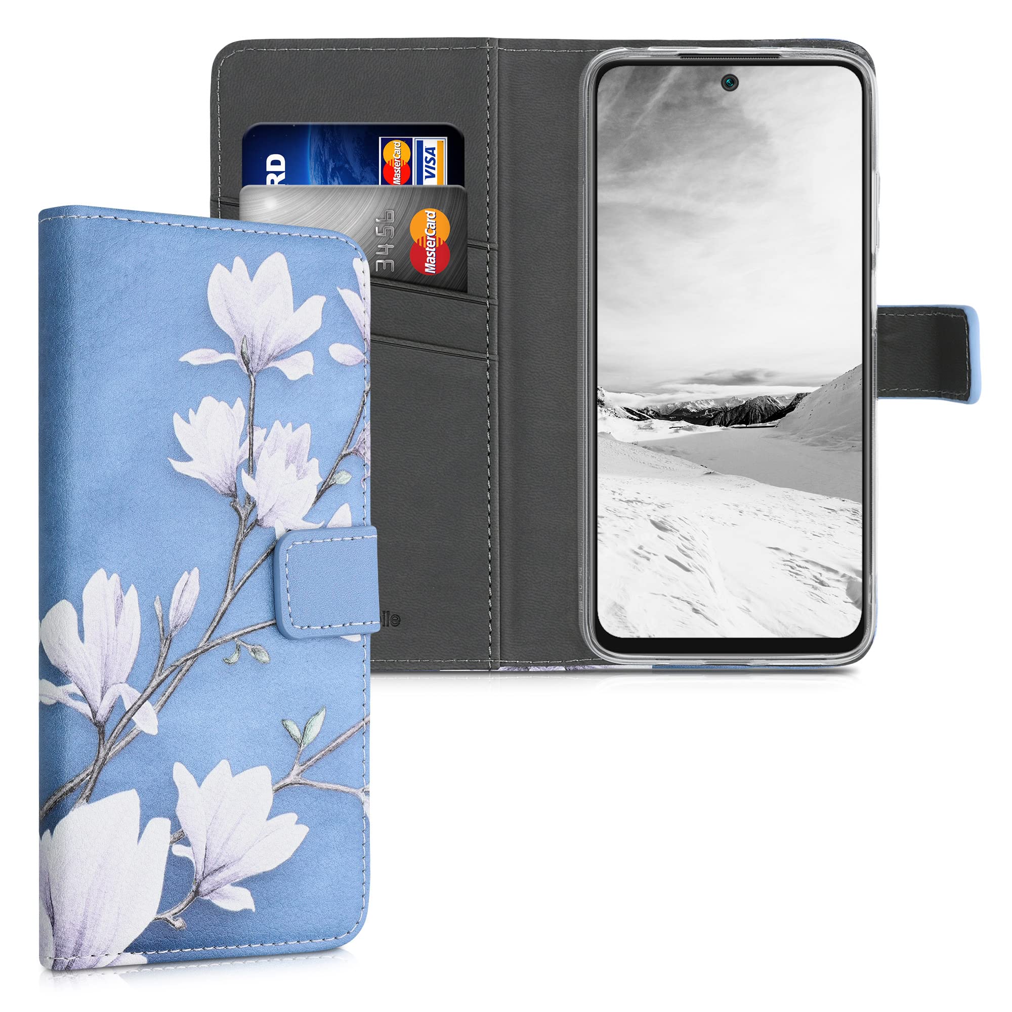 kwmobile Wallet Case Compatible with Xiaomi Redmi 10 (2021/2022) Case for Phone - Magnolias Taupe/White/Blue Grey