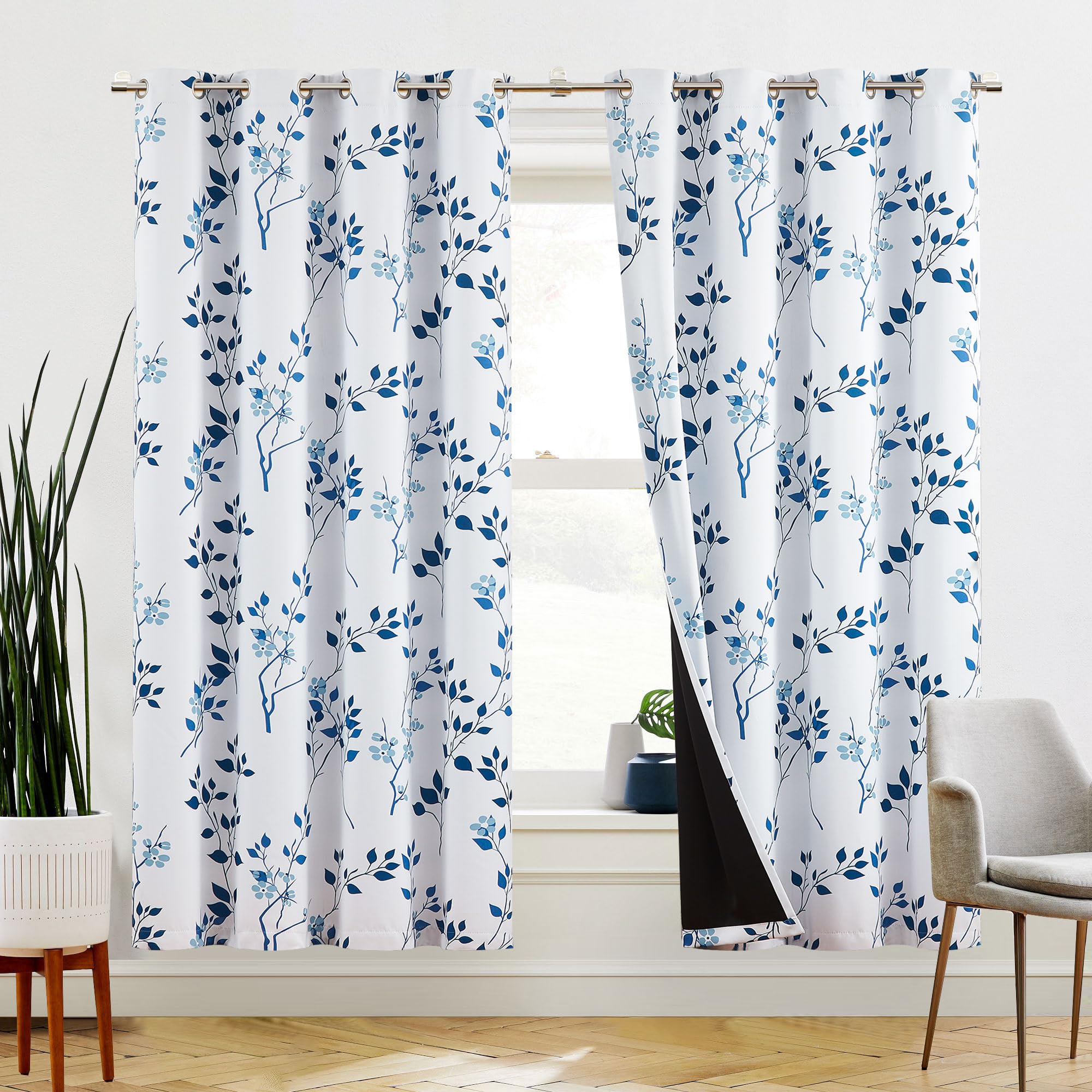 Beauoop Navy Blue Floral Blackout Curtains for Bedroom Living Room 72 Inch Drop Leaf Print White Eyelet Curtain Botanical Thermal Insulated Noise Reducing Window Curtain Drapes 2 Panels