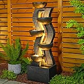 Takamota 52.8 in Modern Geometric Outdoor Water Fountain with LED Lights | Multi-Point Warm Glow,Curved 6-Tier Cascade,Weatherproof Resin, Gentle Water Sound, Tall Garden, Patio &amp; Entryway Accent